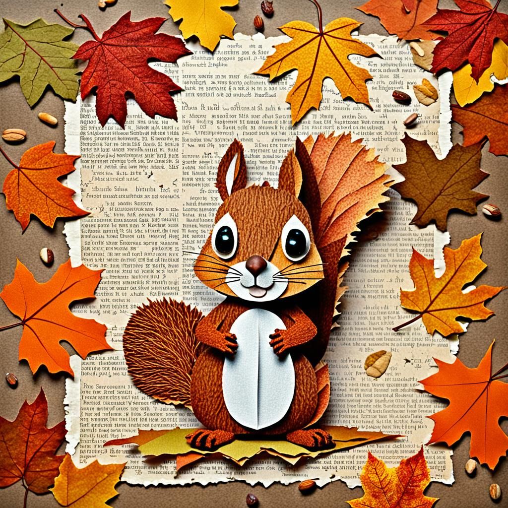 Charming Squirrel Paper Collage for Autumn
