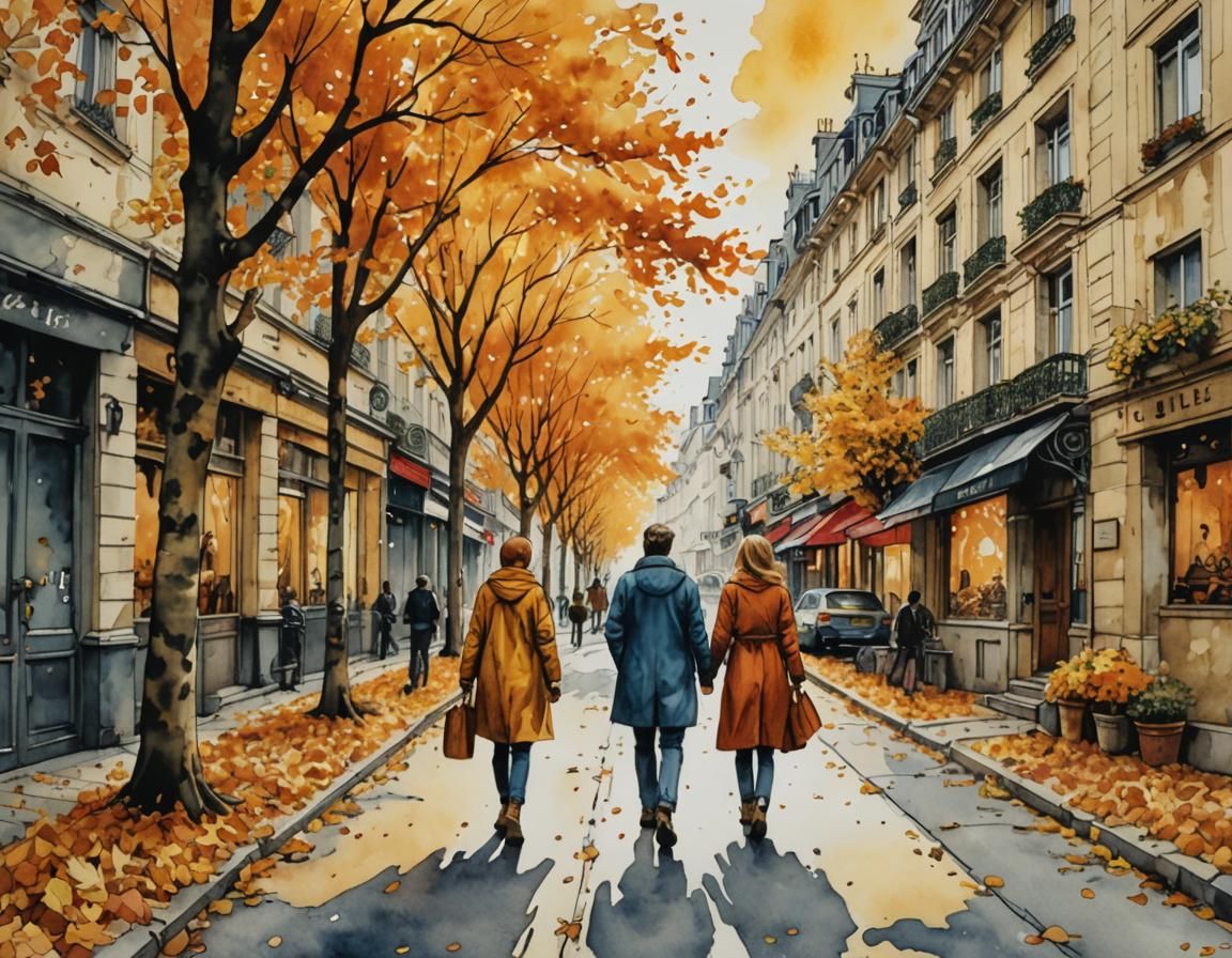 Autumn Walk on Paris Street in Watercolor Style