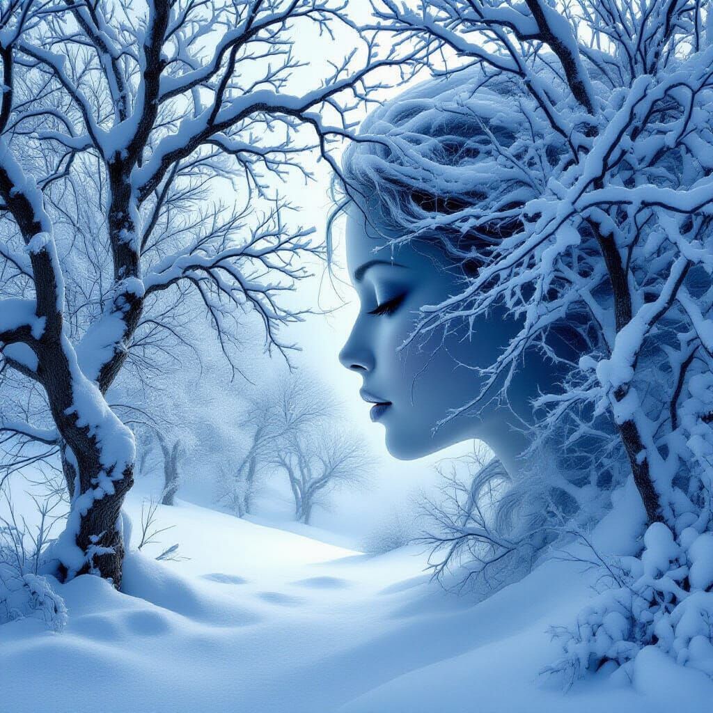 surreal winter landscape with tangled snow-covered branches....