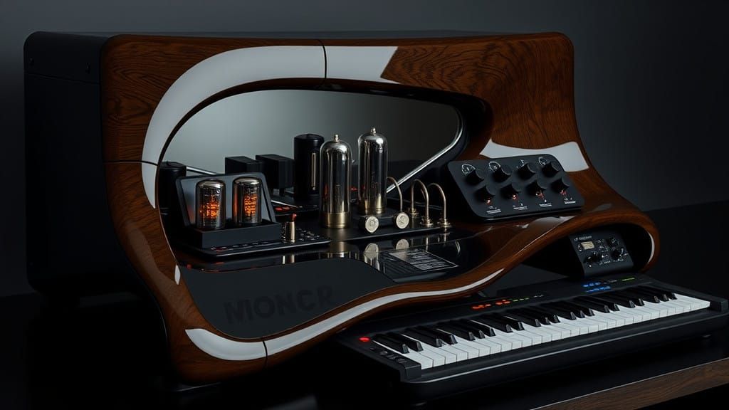 Futuristic Modular Synthesizer in Dark Wooden Housing