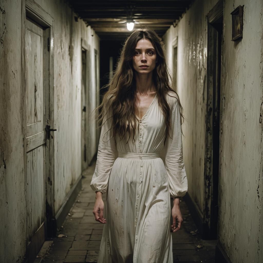 Hollow-Eyed Woman in White Dress in Dark House