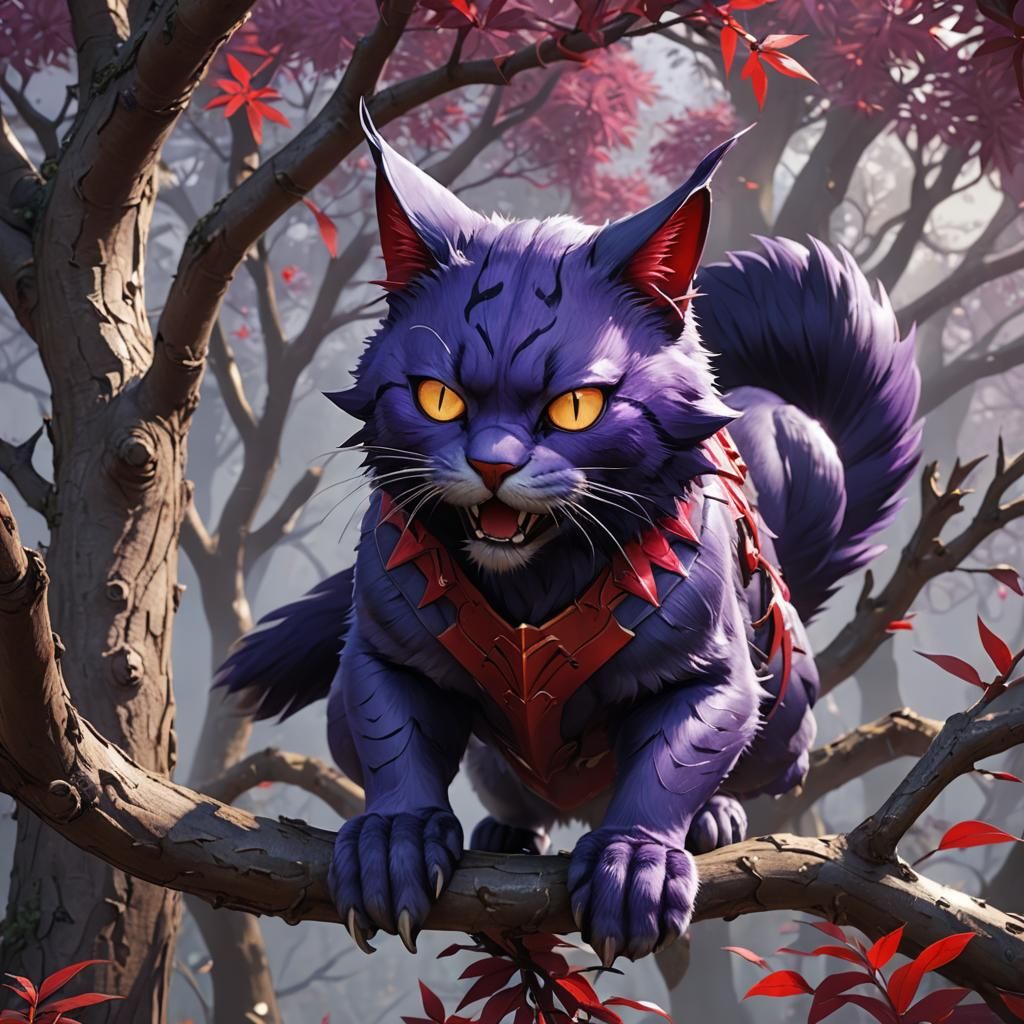 Large Purple Cat Hissing in 3D Anime Art