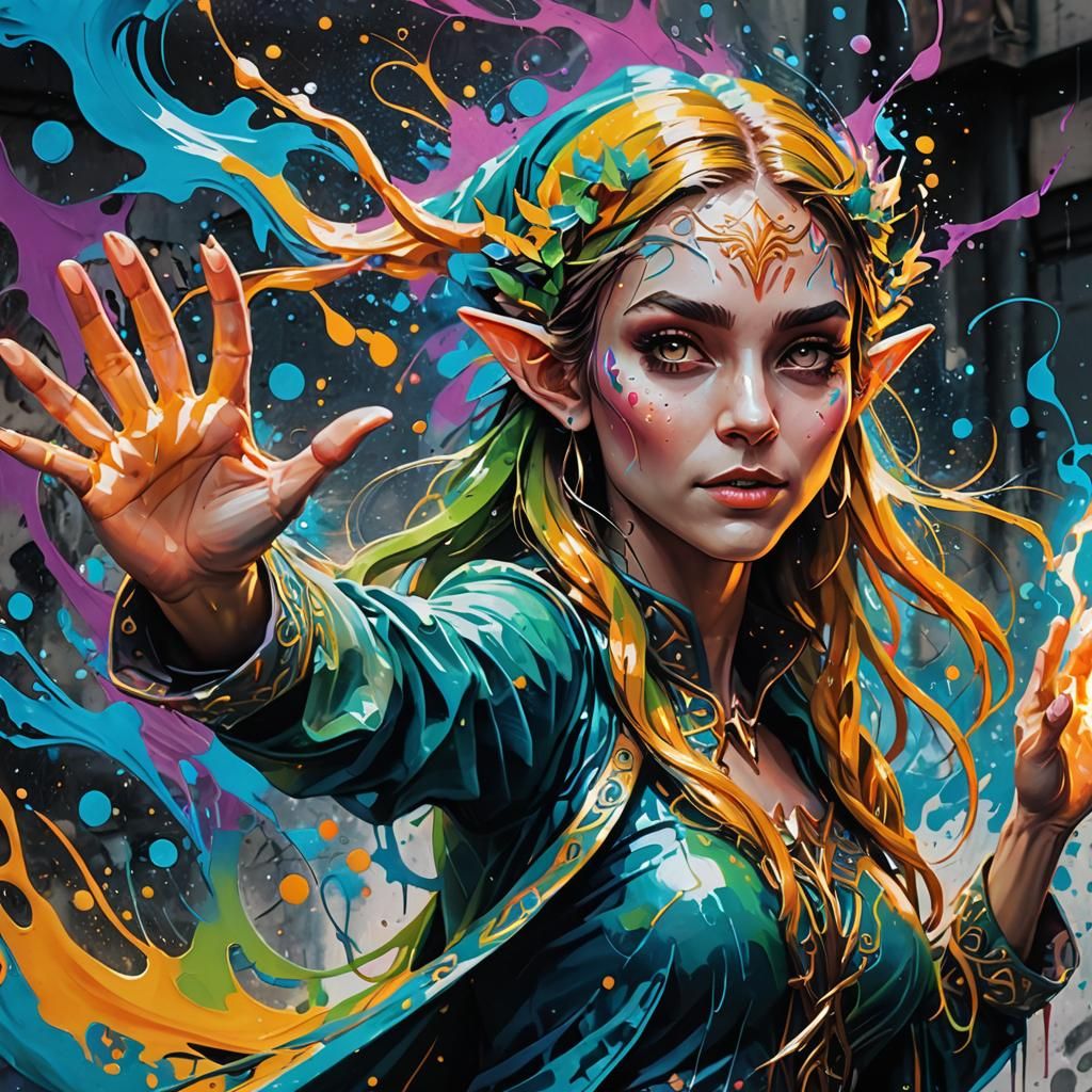Elf Girl's Magical Graffiti Art in 8K