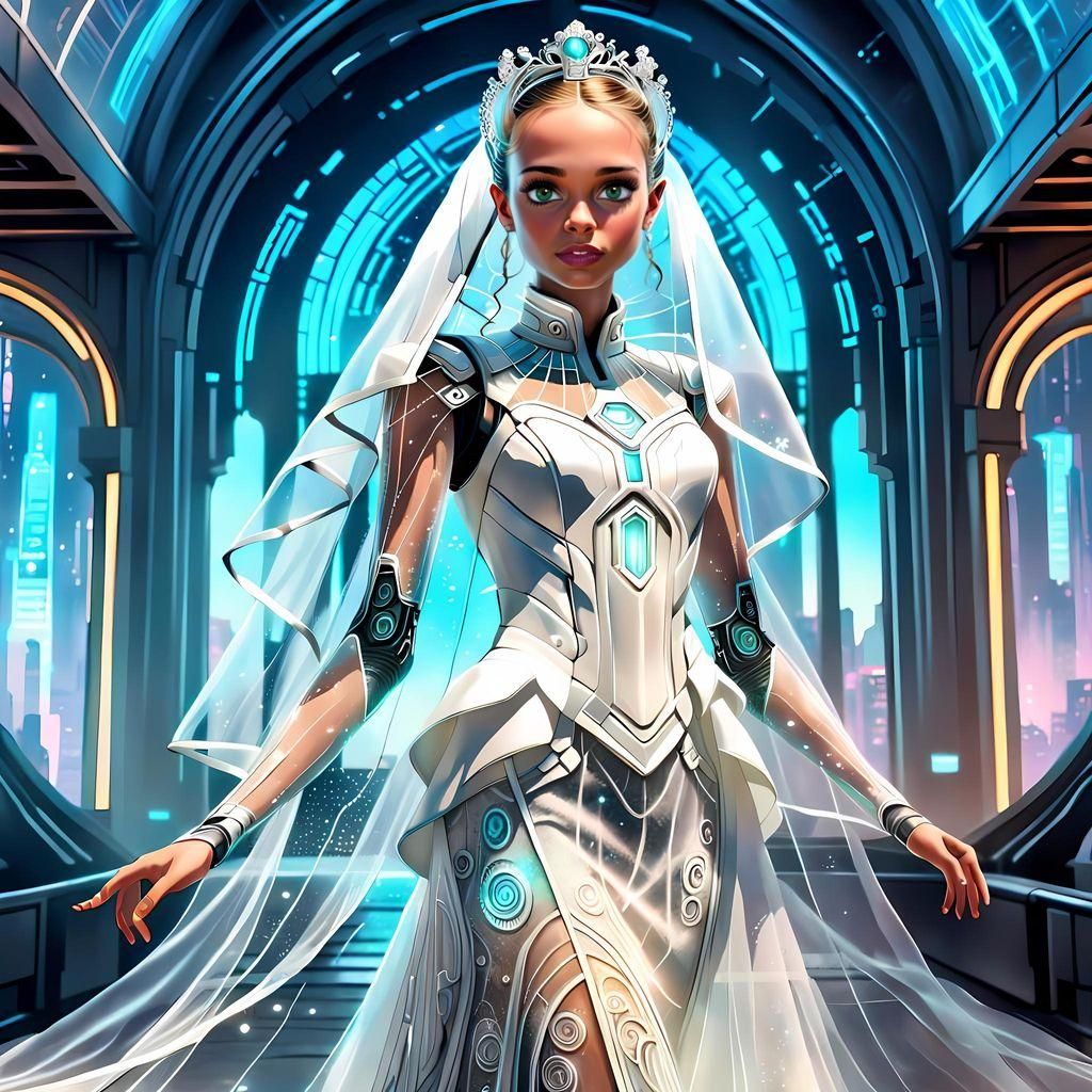Futuristic Tasmanian Princess in Cyberpunk Wedding Gown