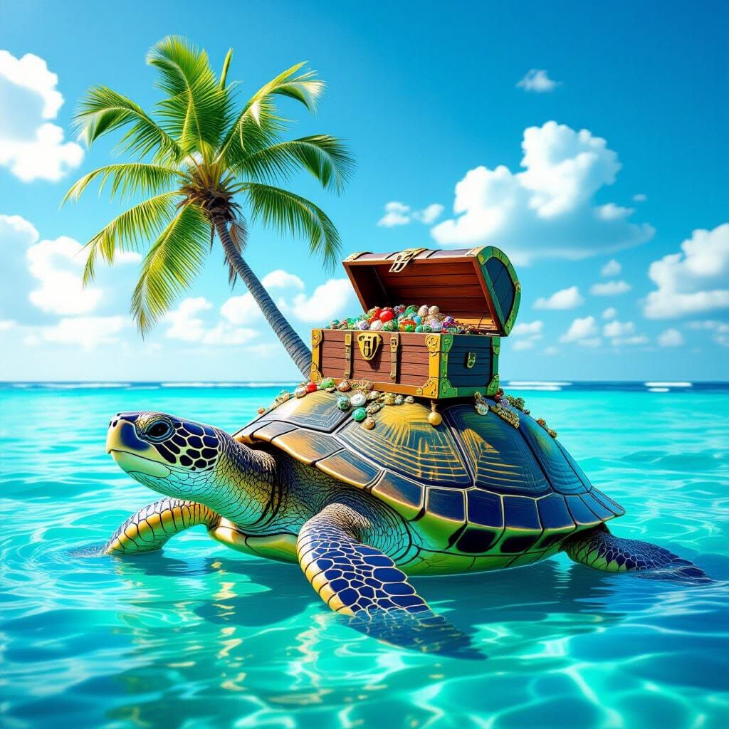 Giant Turtle Carries Ancient Treasure Chest on Turquoise Oce...