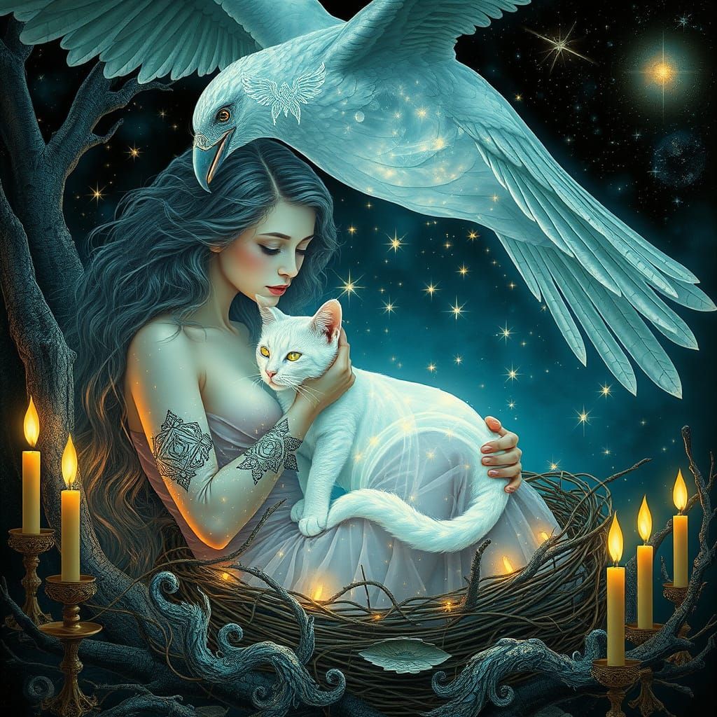 Surreal Woman with Translucent Body and Bioluminescent Cat