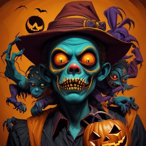 Zombie Monkey Clowns Trick-or-Treating in Basquiat Style