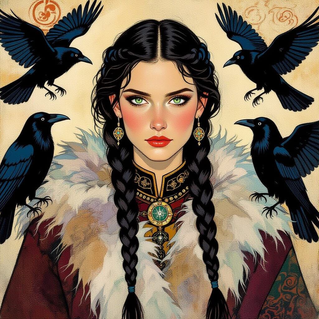 Brunhilde Surrounded by Ravens, in Expressionist Style