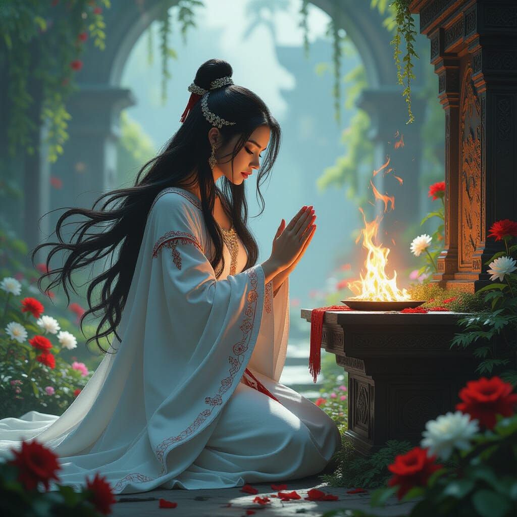 Solemn Priestess Praying in Fantasy Garden
