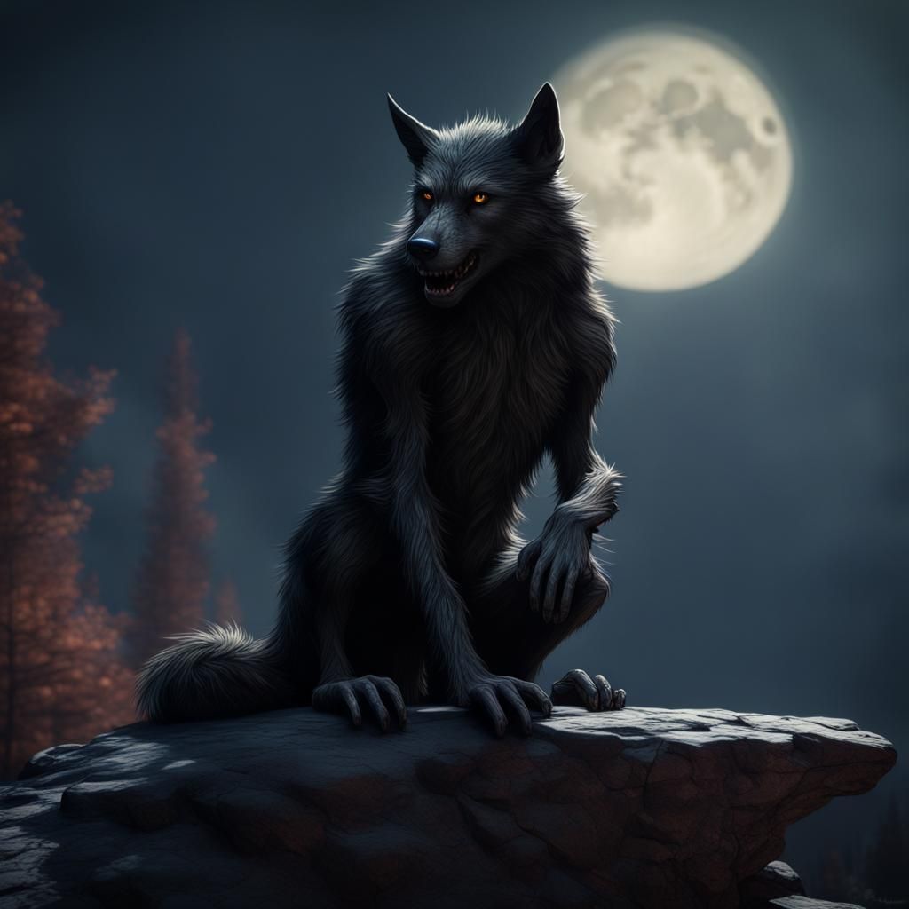Mournful Black Fur Werewolf Gazing at Moon