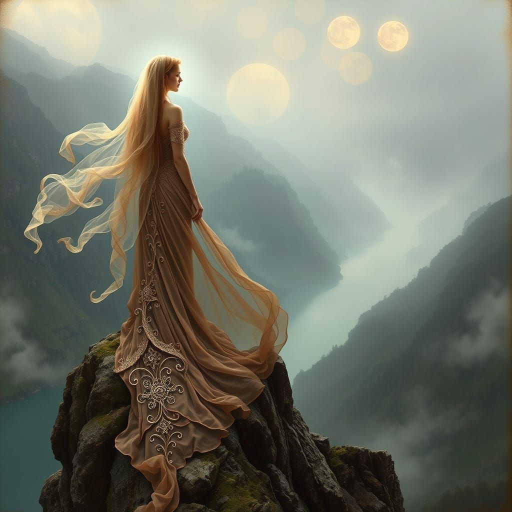 Enchanting Loreley, Germanic Legend, Standing atop a Cliff