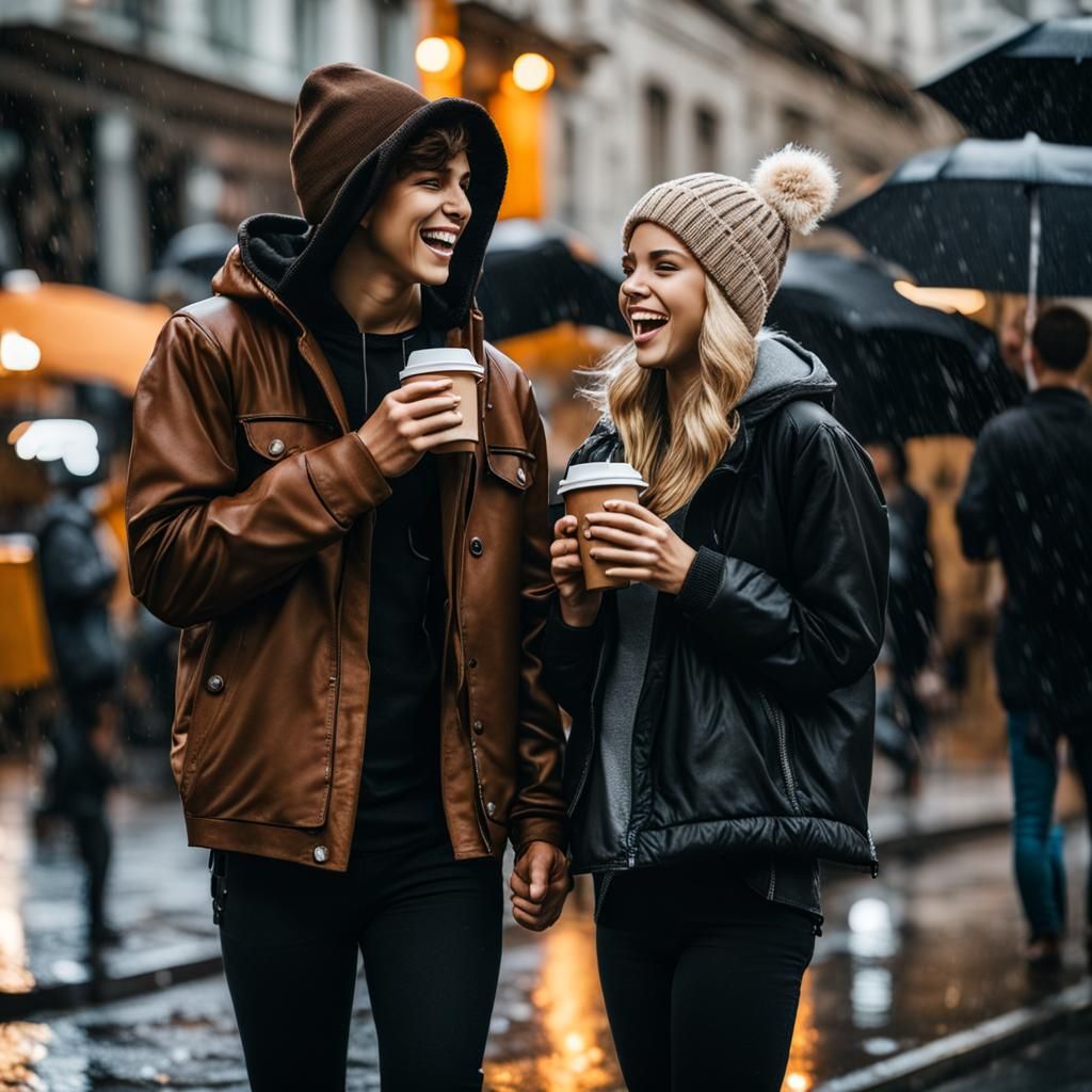 Teenage Couple Laughing in the Rain, City Scene