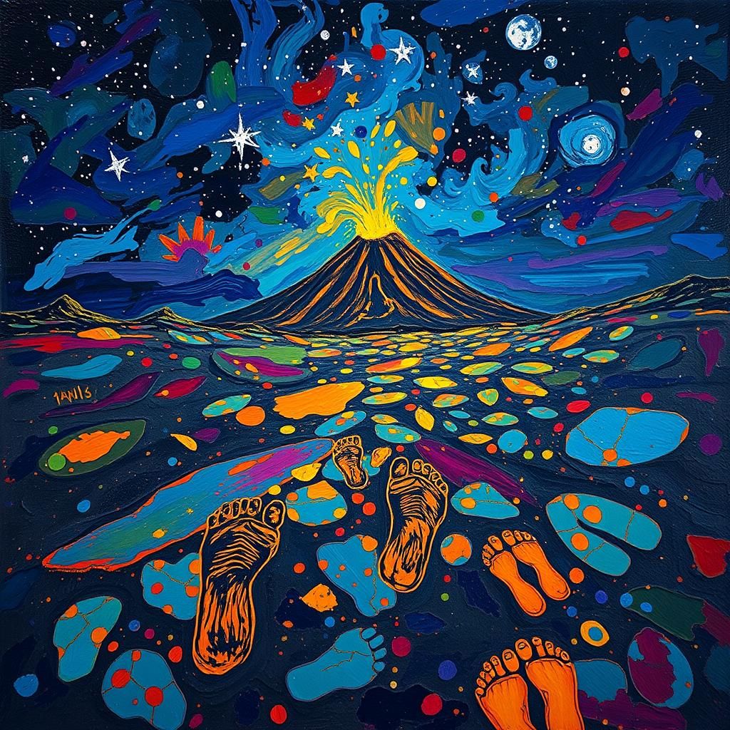 Footprints in Volcanic Ash Under Starry Sky