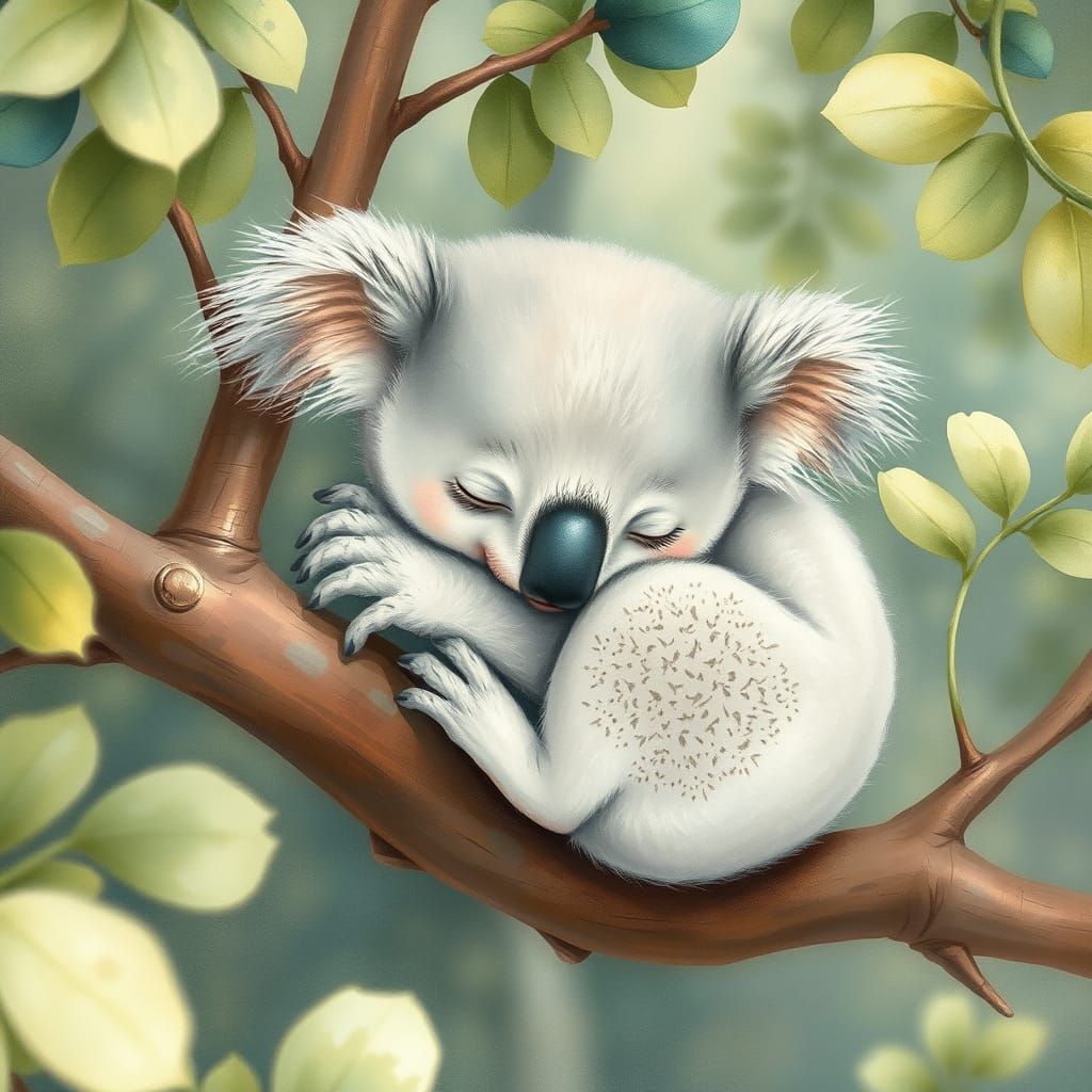 Baby Koala Sleeping in Forest, Watercolor Illustration