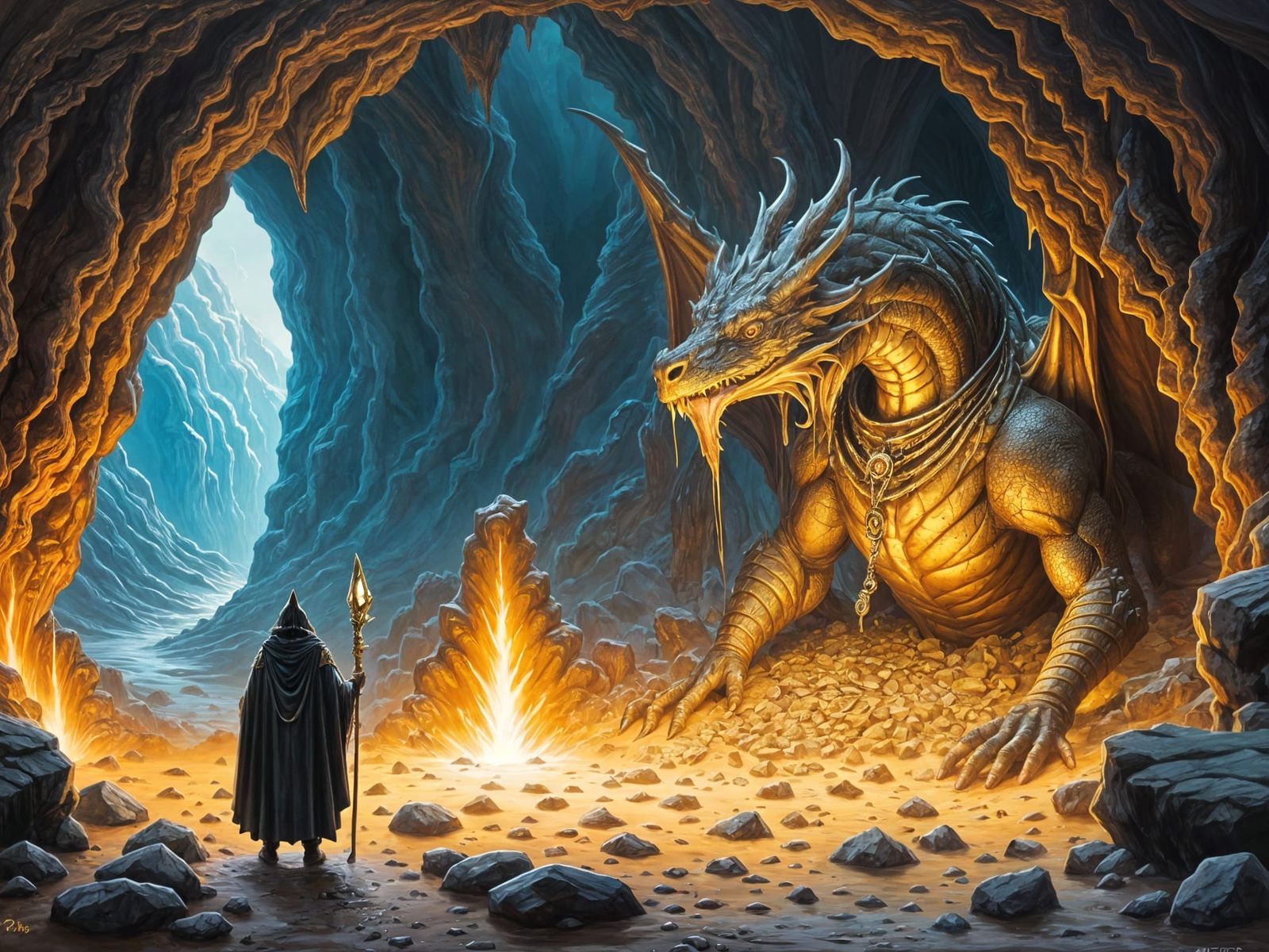 A Golden Dragon Guarding its Treasure Hoard in Fantasy Style