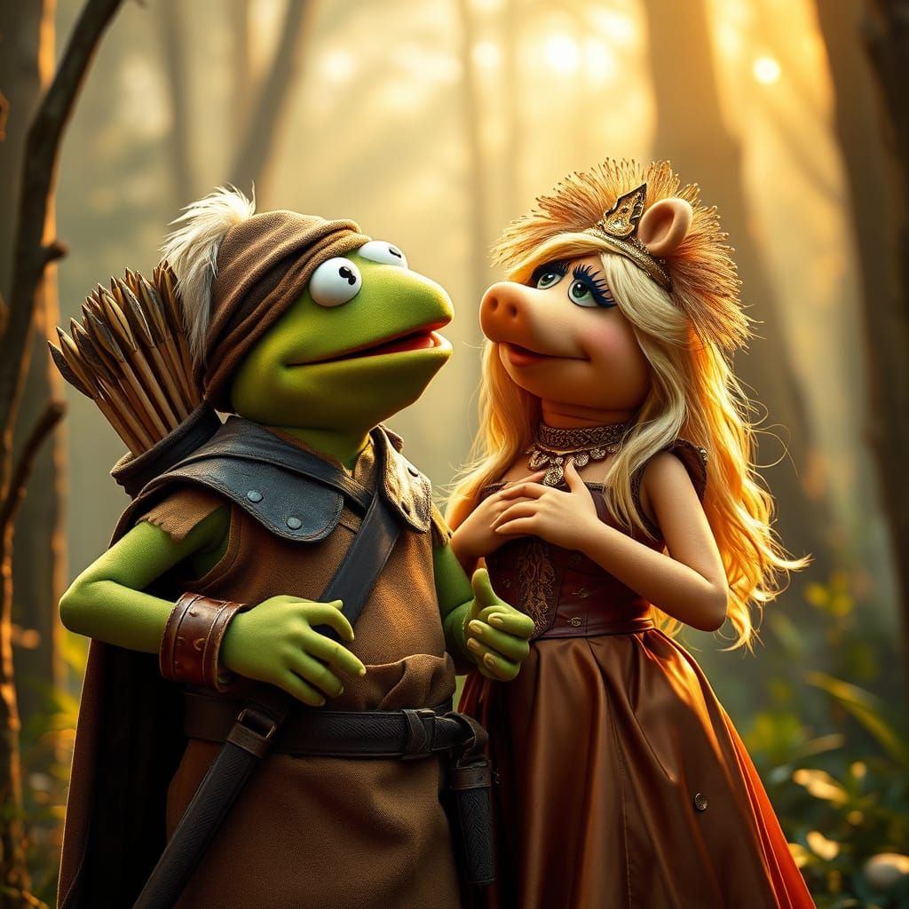 Kermit the Frog as Robin Hood and Miss Piggy as Maid Marian