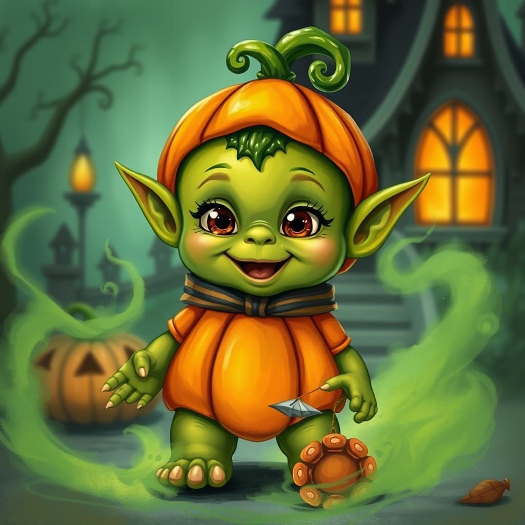 Orc Baby in Pumpkin Costume, Dreamlike Illustration