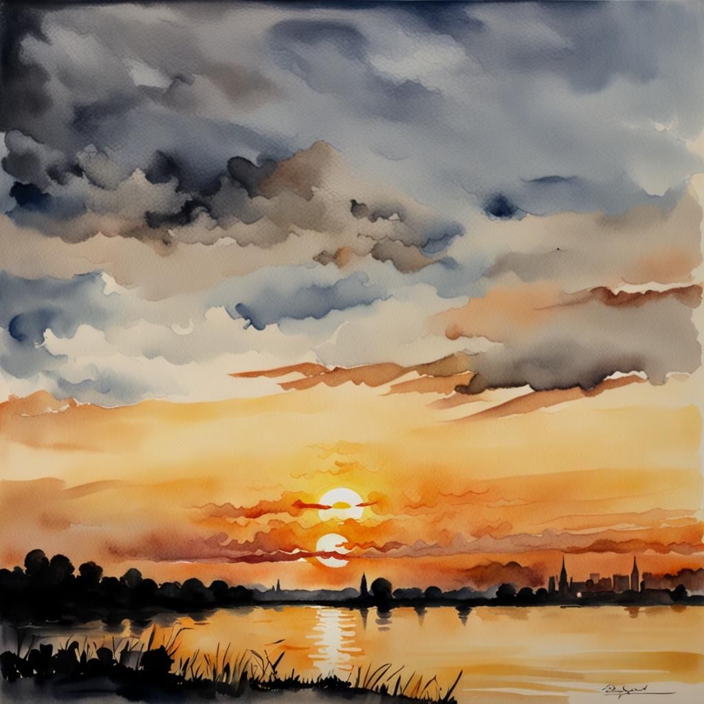 Danube River Sunset in Watercolor Style