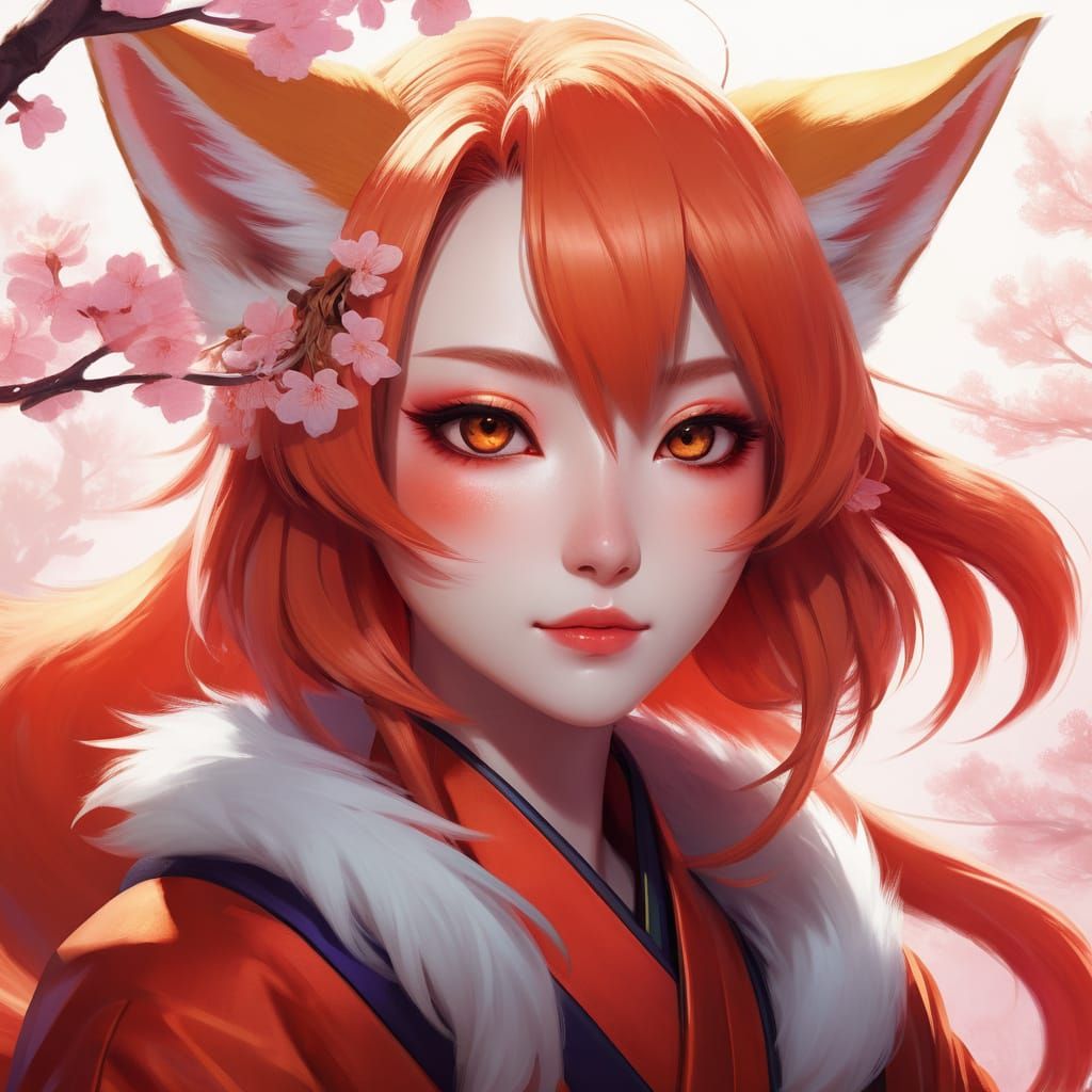 Elegant Kitsune Girl with Vibrant Red Fur and White-Tipped T...