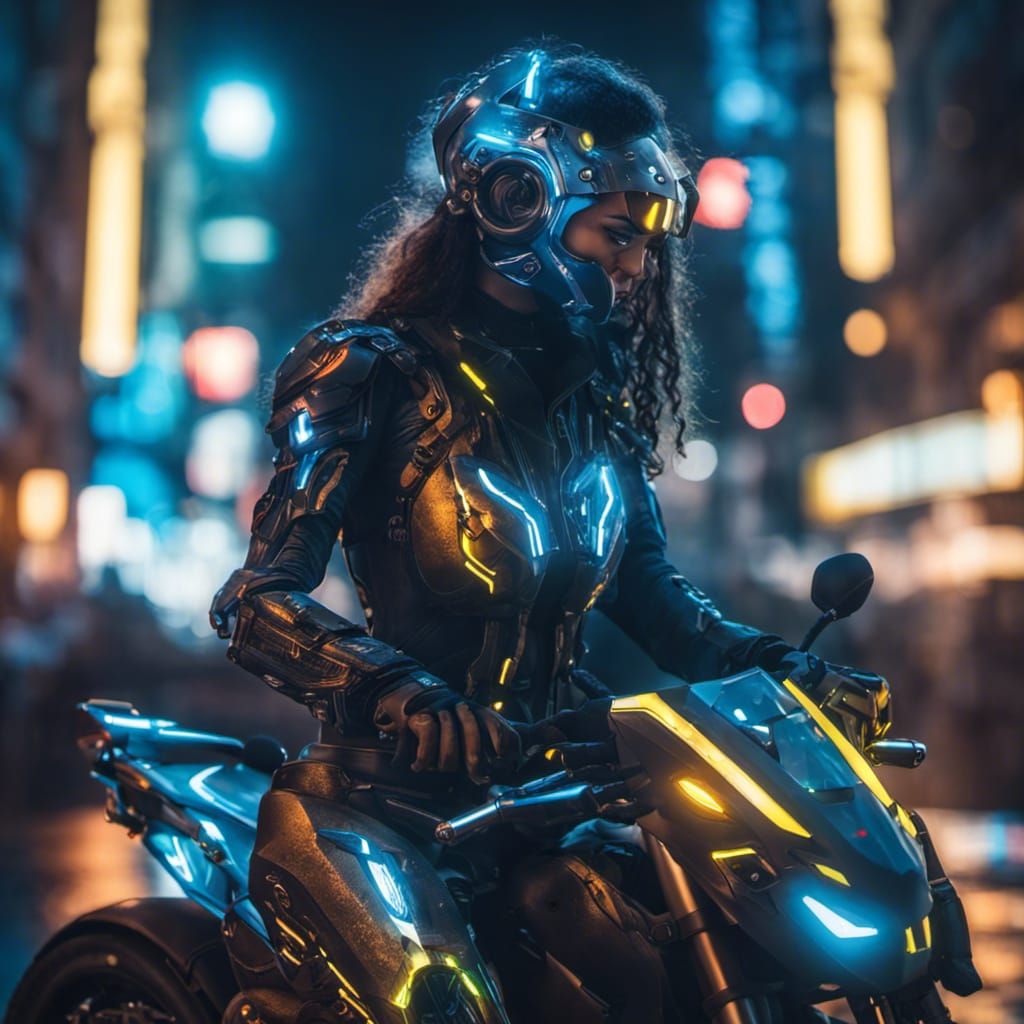 Cyborg Girl Wheelie in Neon City, Hyperrealistic Style