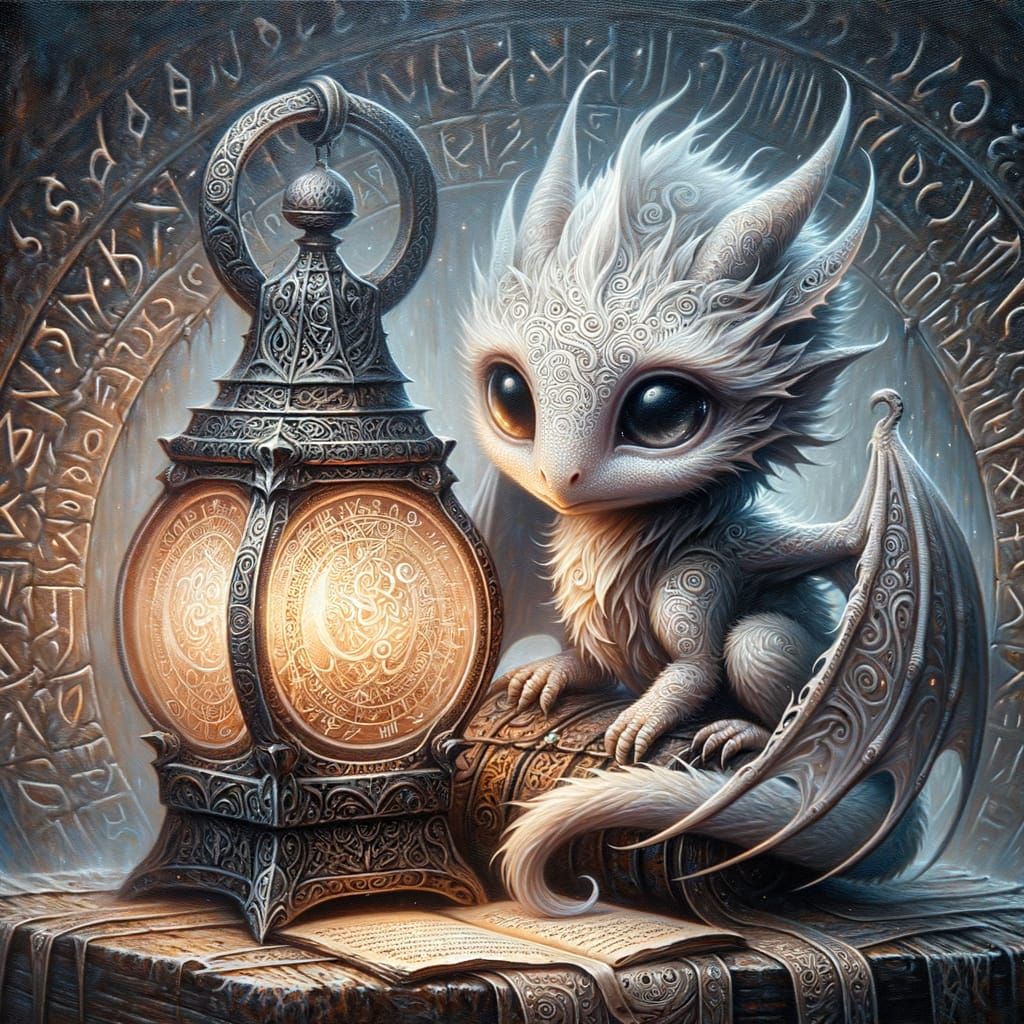 Fantasy Whimsical Painting Of A Little Mystic Dragon & His Lamp