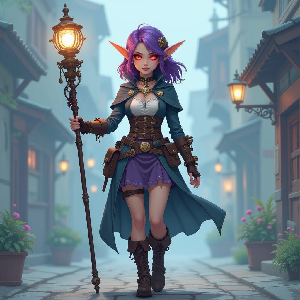 Astral Elf Cleric with Light Staff in Steampunk Style