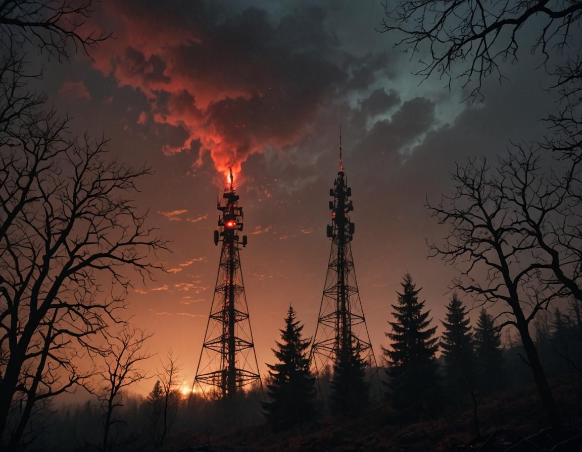 Eerie Radio Tower in Dark Wooded Hills
