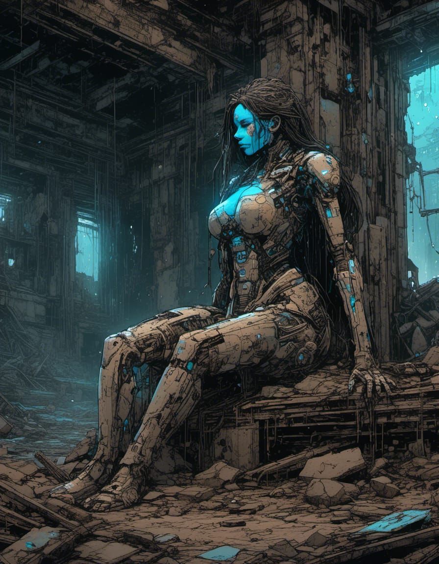 Cyborg Woman's Anguish in Ruined Cityscape