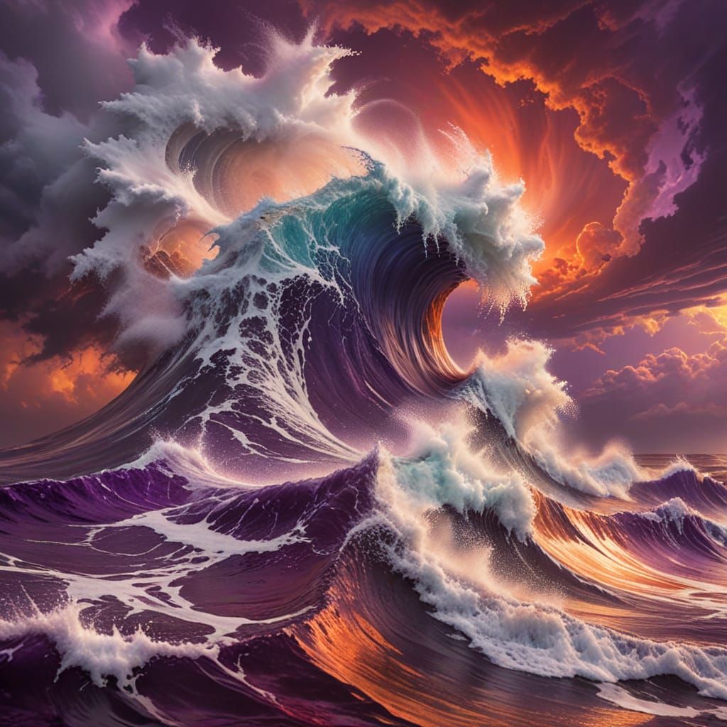 Tsunami in White Ocean Under Stormy Sky