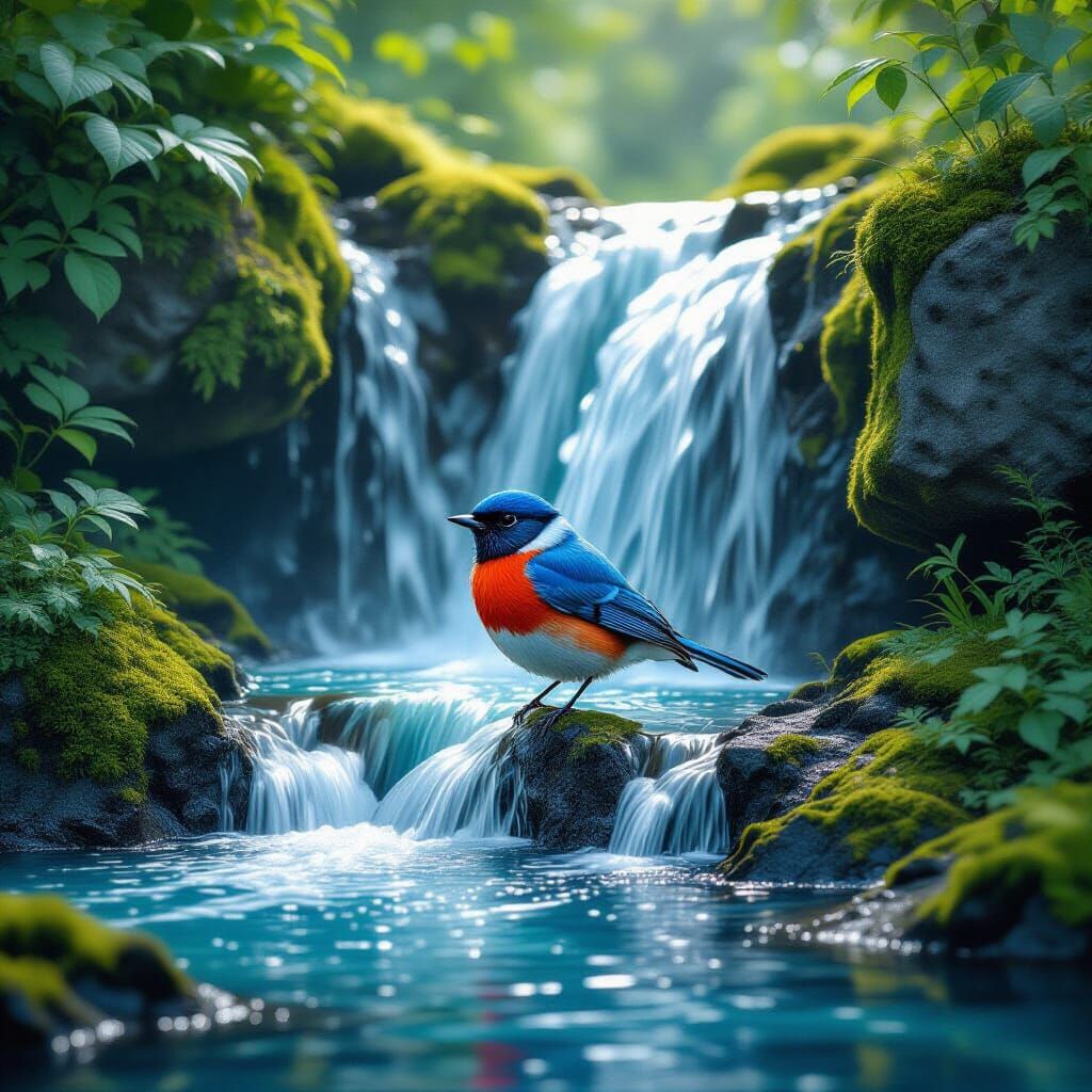Waterfall Bird in Photorealistic Style