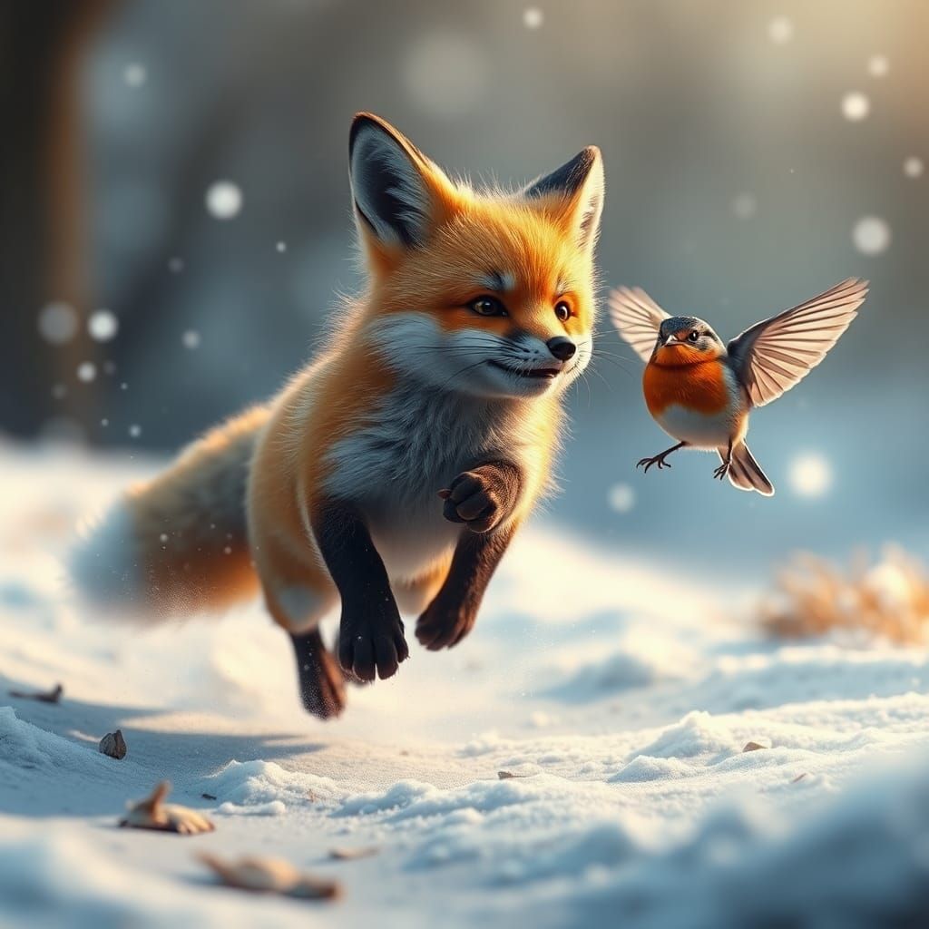 Fox and Robin in Winter Fantasy Art