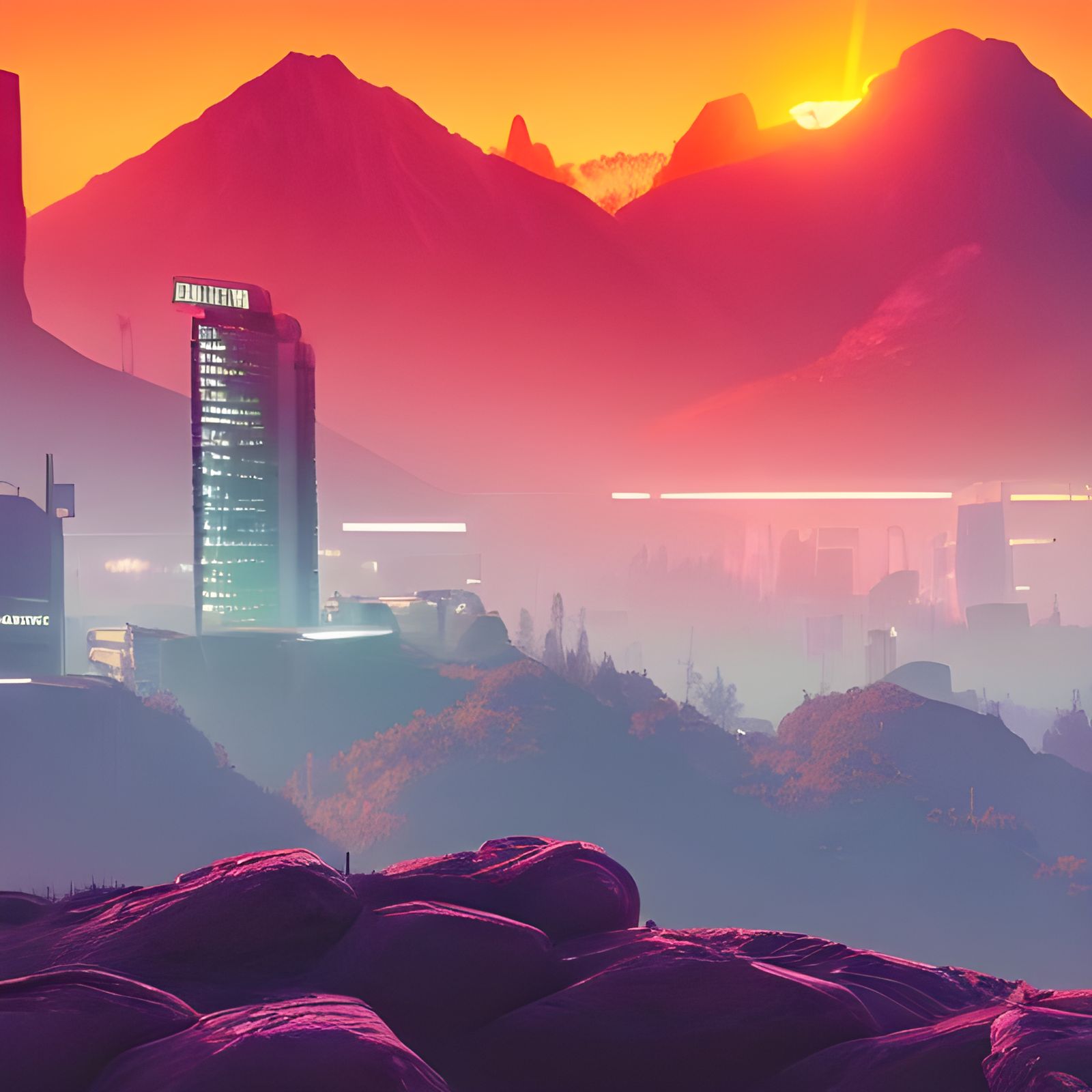Cyberpunk Mountain Landscape with Neon Lighting