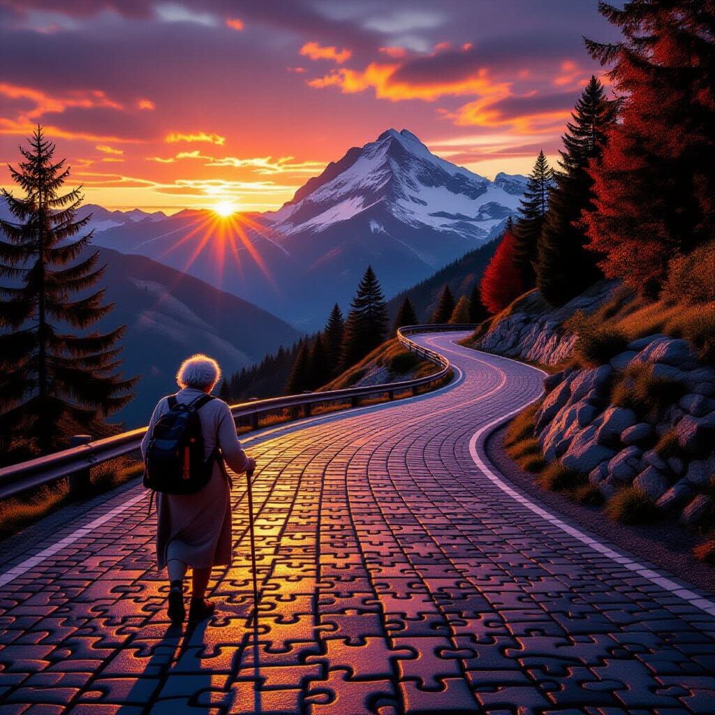Mountain Road with Puzzle Cobblestones at Sunrise