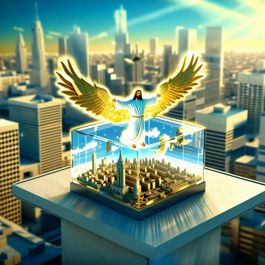 Jesus Christ With Golden Wings on Top of A Mini Cityscape Glass Case