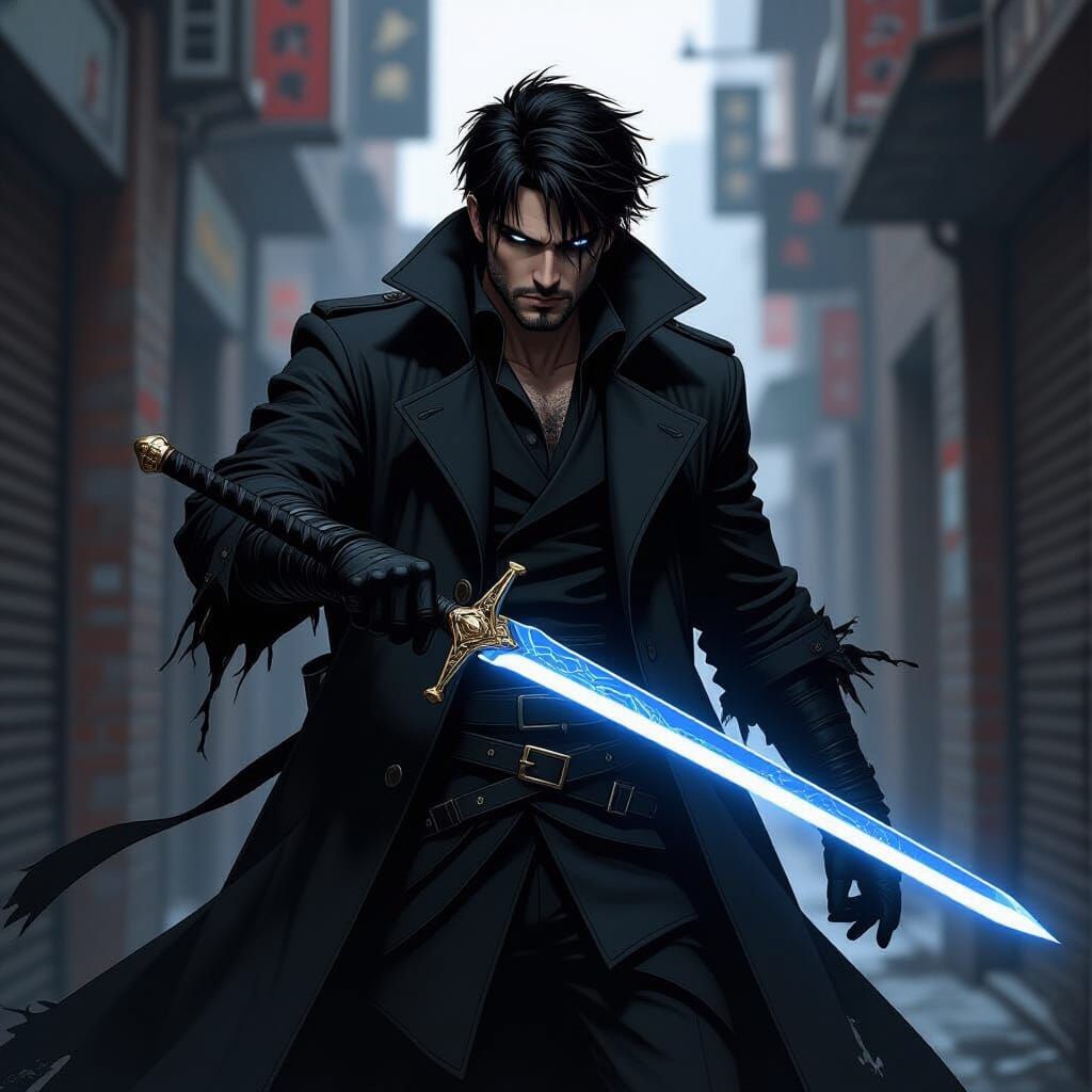 Manga-Style Swordsman in Dark Urban Alley