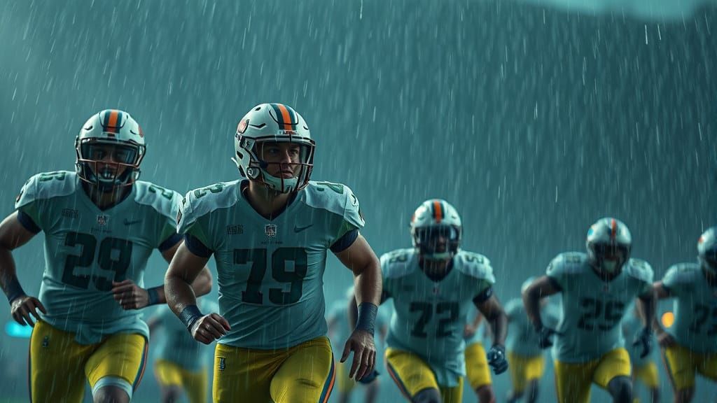 Football Players Caught in Summer Rain, Cinematic Style