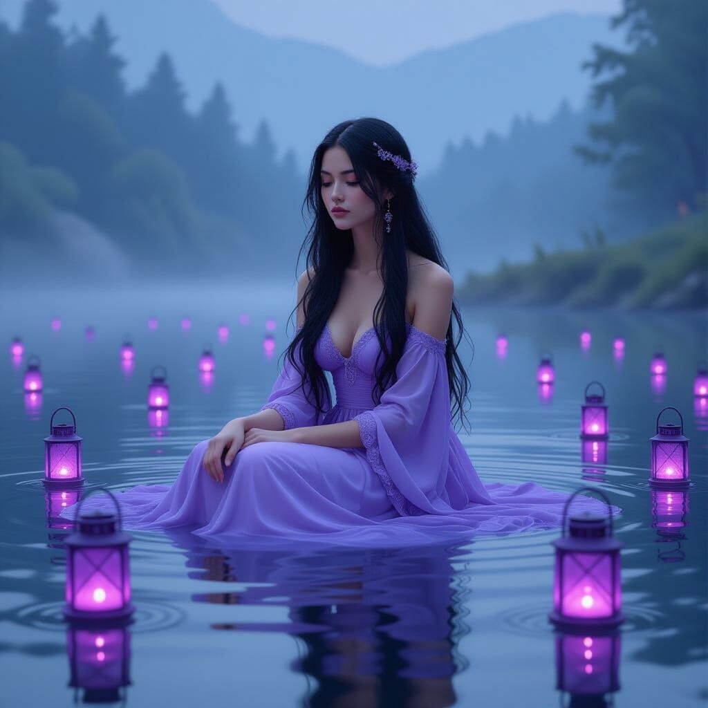 A serene scene depicts a young woman sitting gracefully on t...