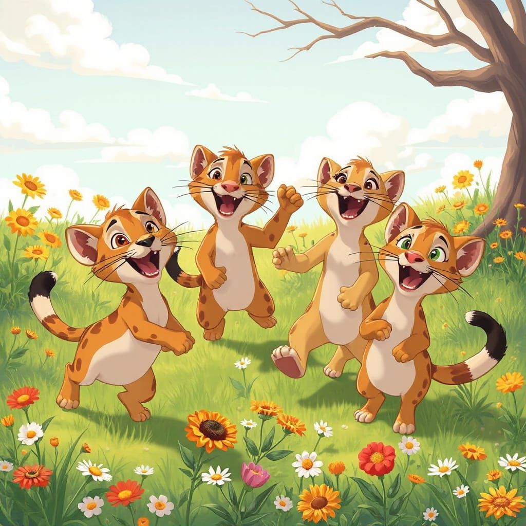 Cartoon Saber-Toothed Cats Play in Sunny Meadow
