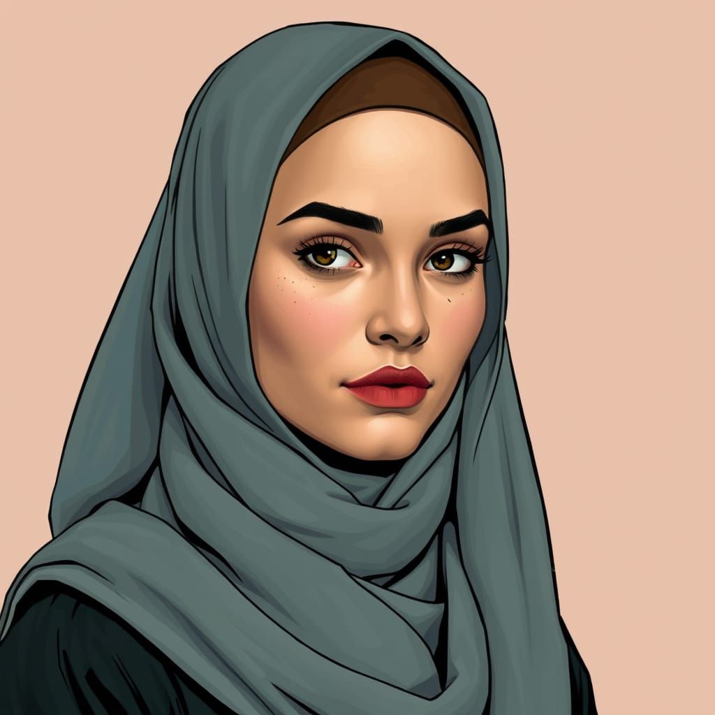 German Hijabi Woman Portrait in Comic Book Style