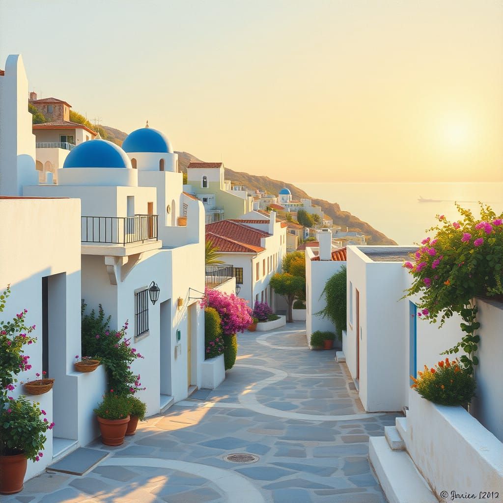 Idyllic Greek Seaside Village in Warm Golden Light