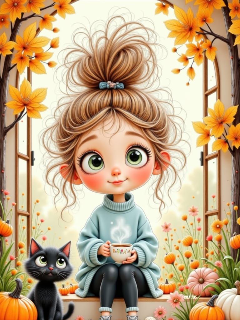 Whimsical Girl and Cat with Tea in Cozy Morning Light