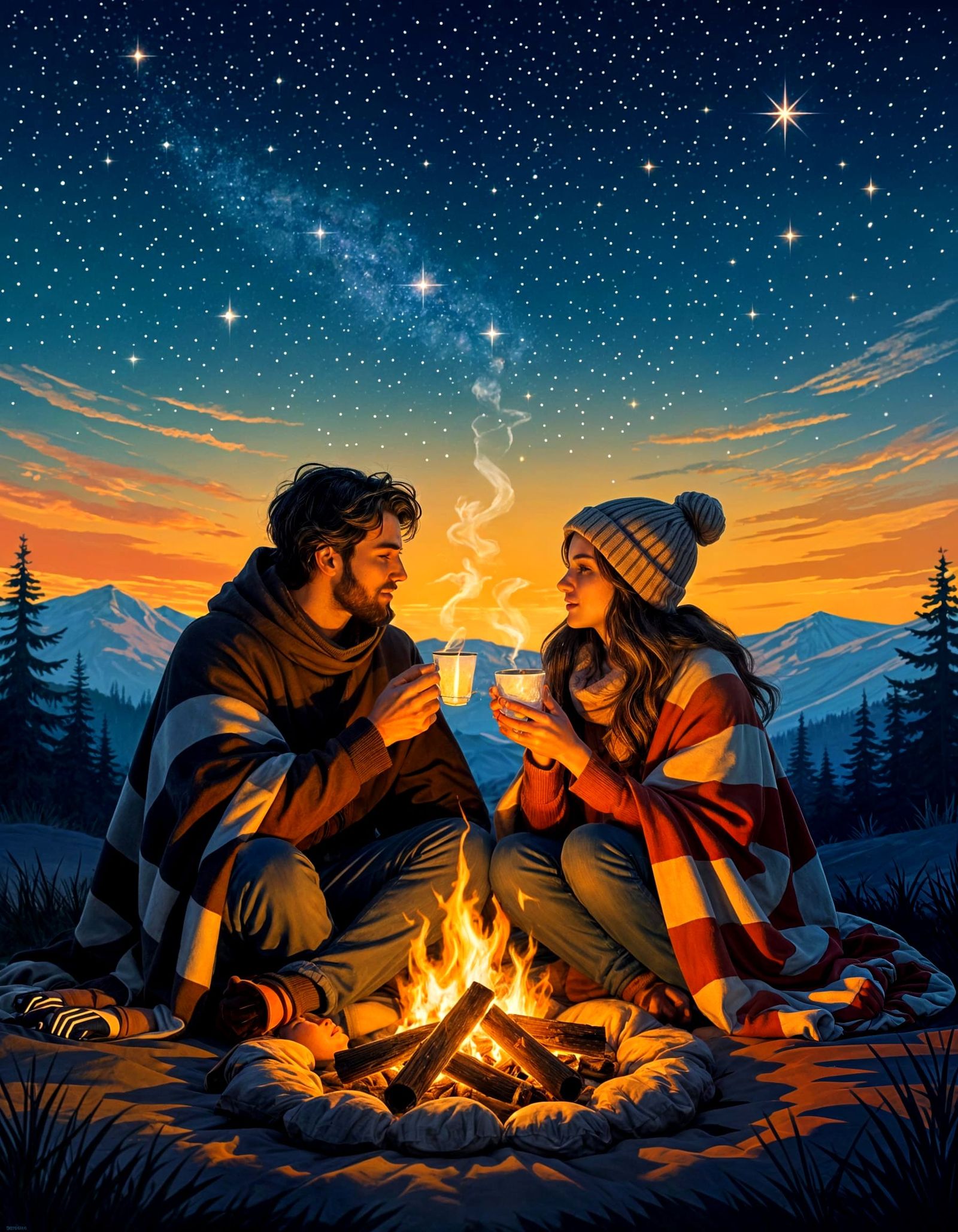 Romantic Bonfire Stargazing in Art Deco Style