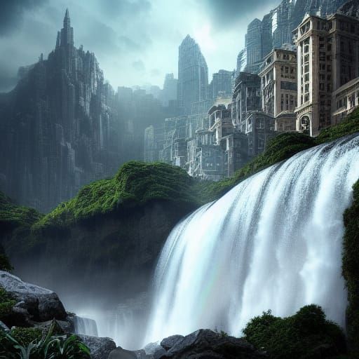 Epic Waterfall in a Cityscape Painting