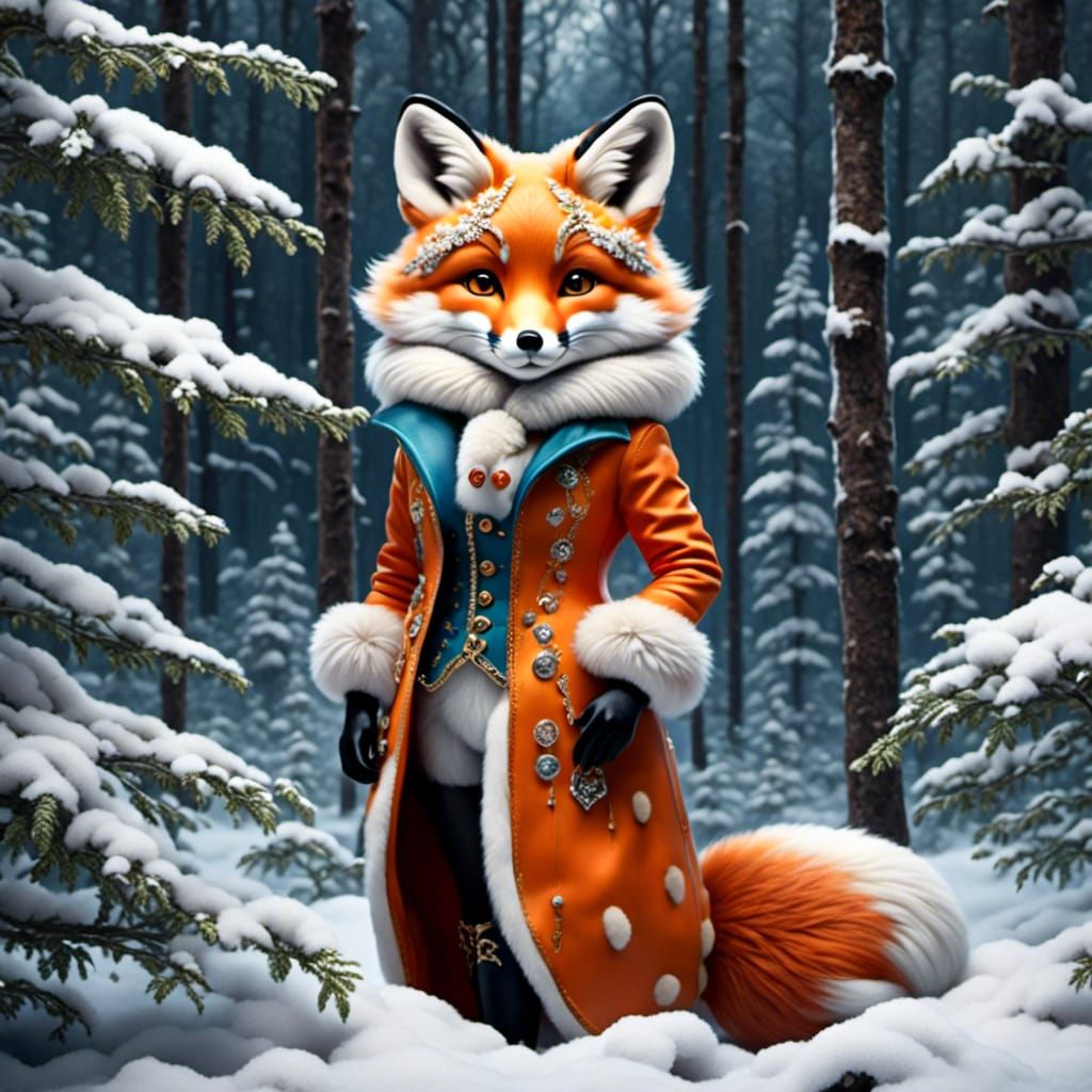 Pretty Winter Fox in Forest as Oil Painting
