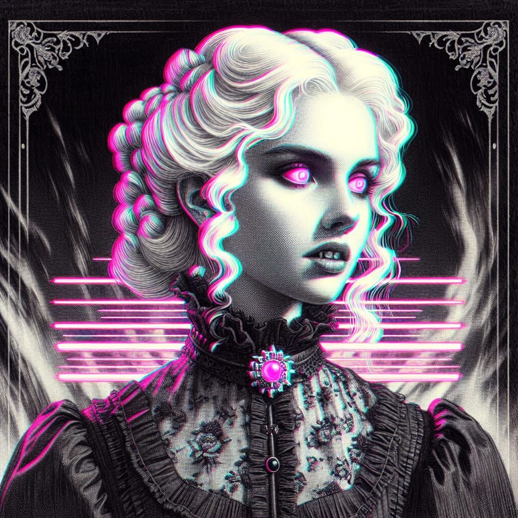 Victorian Vampire Girl in Synthwave Charcoal Style
