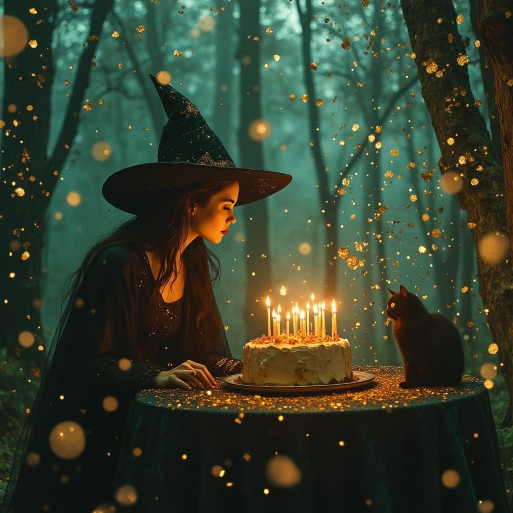 Witch's Birthday Celebration in Candlelit Forest Clearing