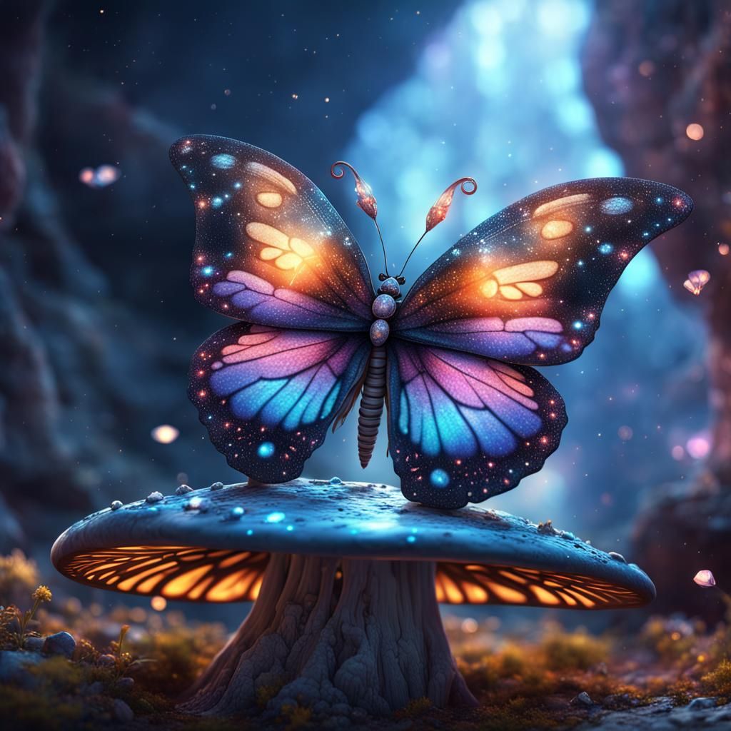 Galaxy Butterfly on Mushroom, Astral Painting