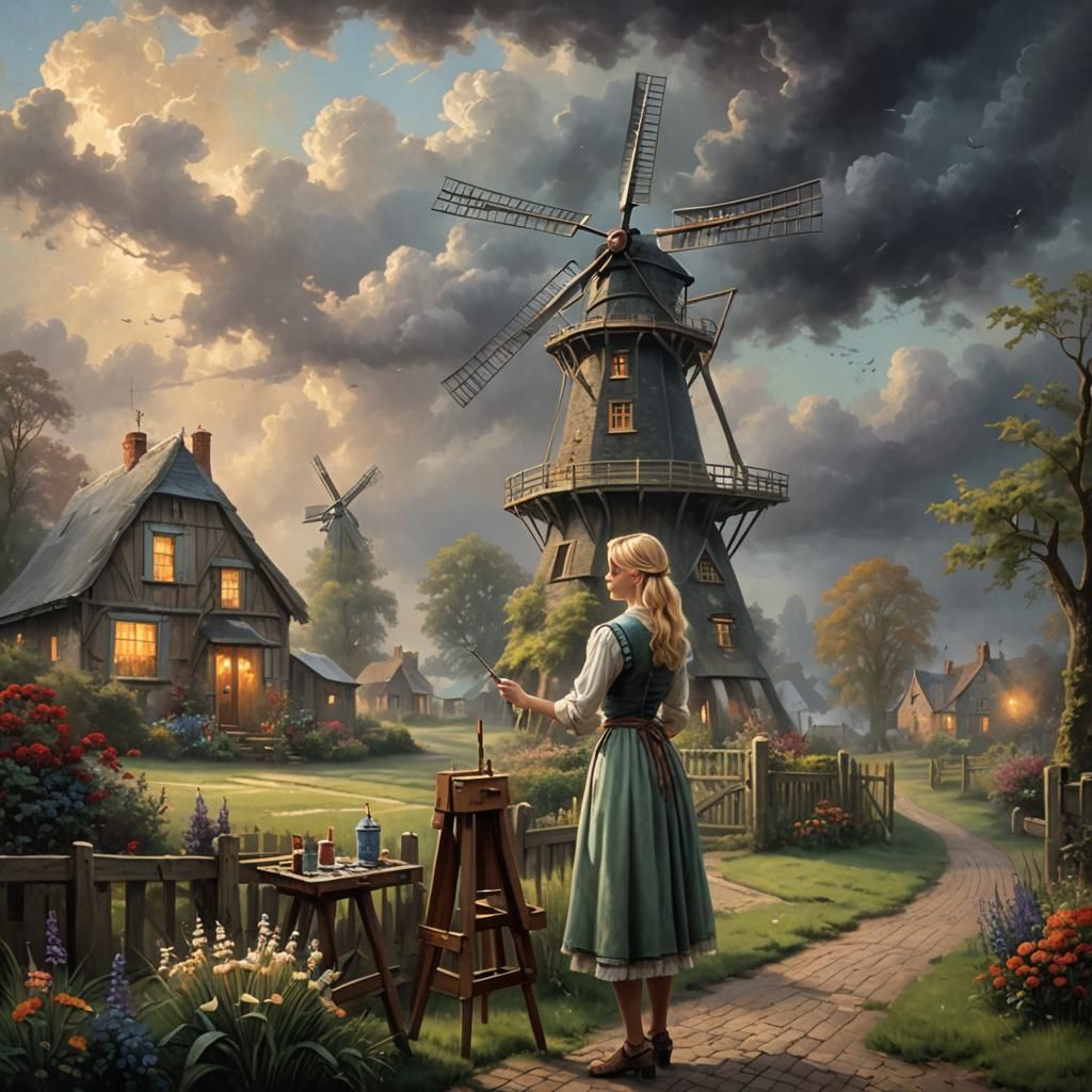 Woman Painting Windmill in Dutch Village, Hyperdetailed Fant...