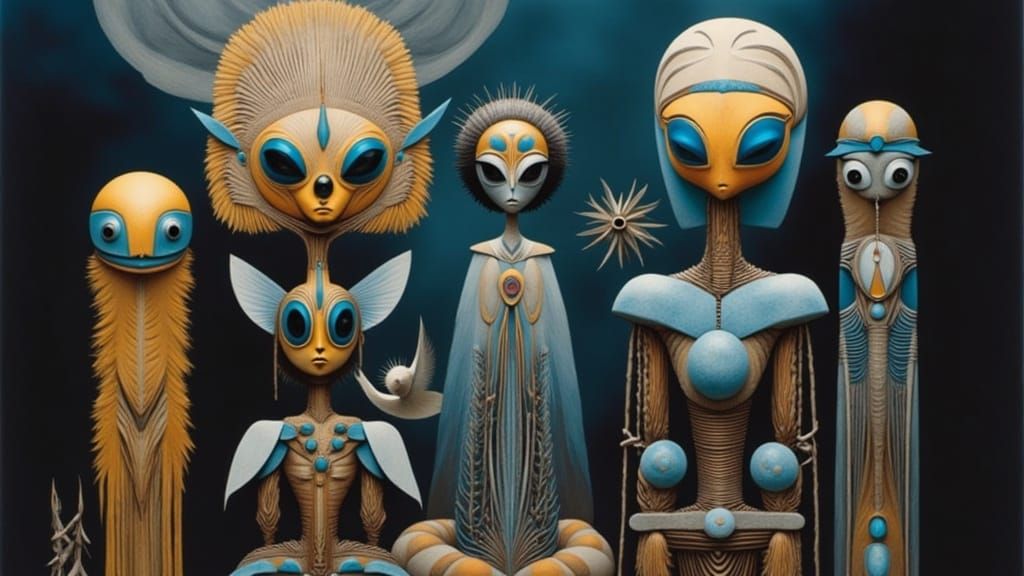 Alien Tiki Figurines in Surreal Room