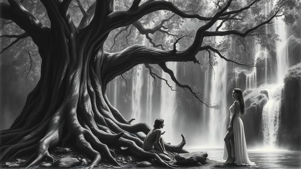 Ancient Tree and Waterfall: Hyperdetailed Charcoal Drawing